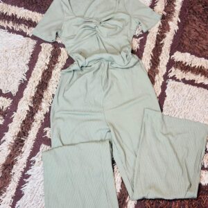 36 Yozy Flynn Sky Green Smocked Jumpsuit Short Puffed Sleeve