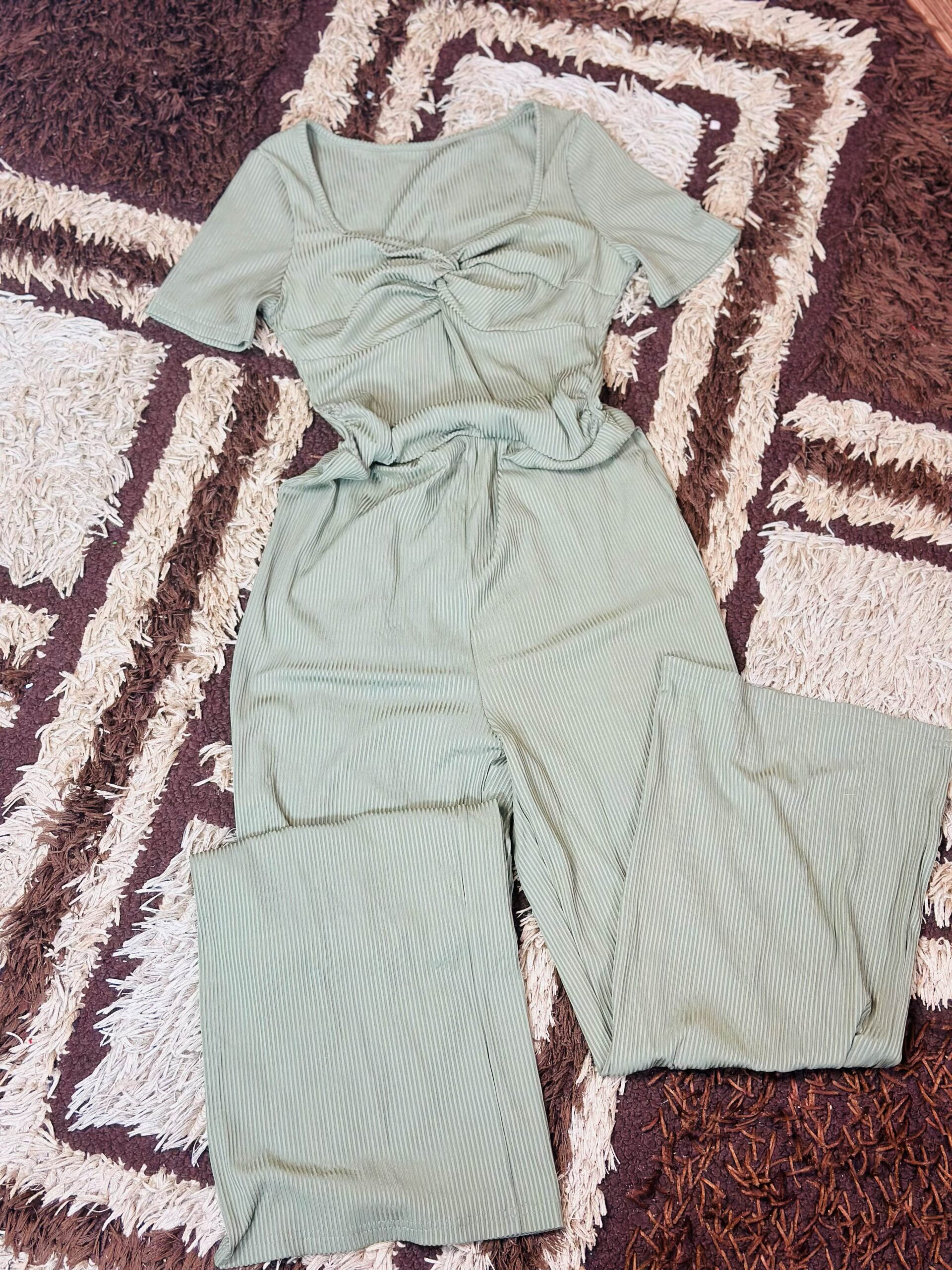 36 Yozy Flynn Sky Green Smocked Jumpsuit Short Puffed Sleeve
