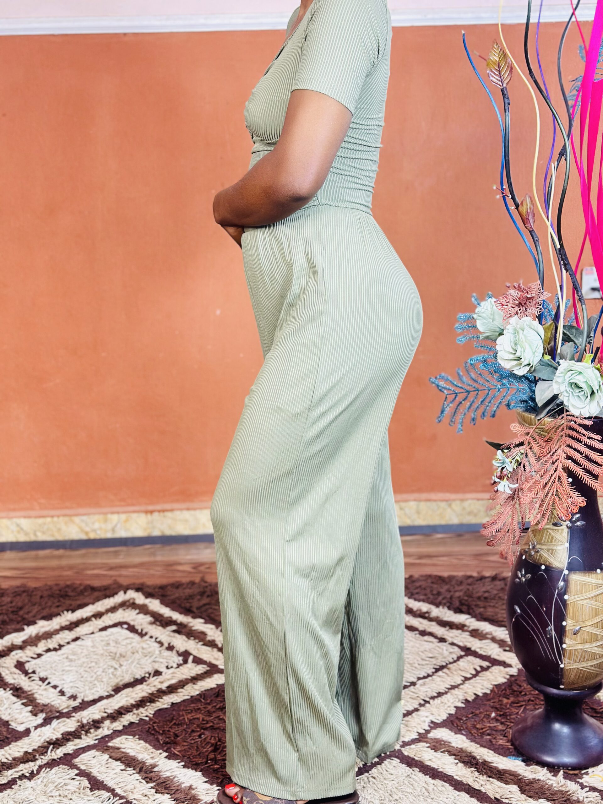 36 Yozy Flynn Sky Green Smocked Jumpsuit Short Puffed Sleeve