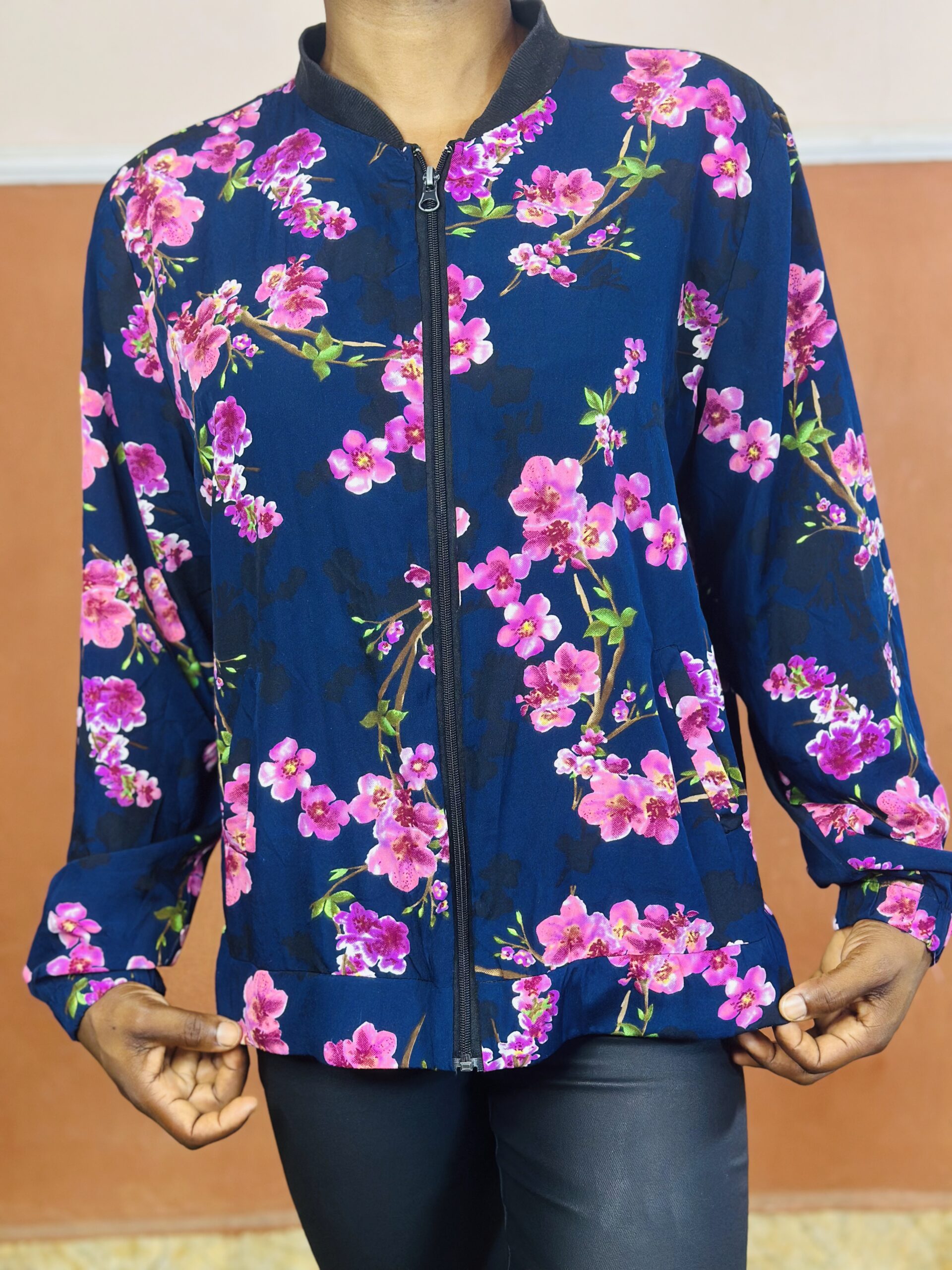 48 Navy Floral Zip Up Bomber Cardigan