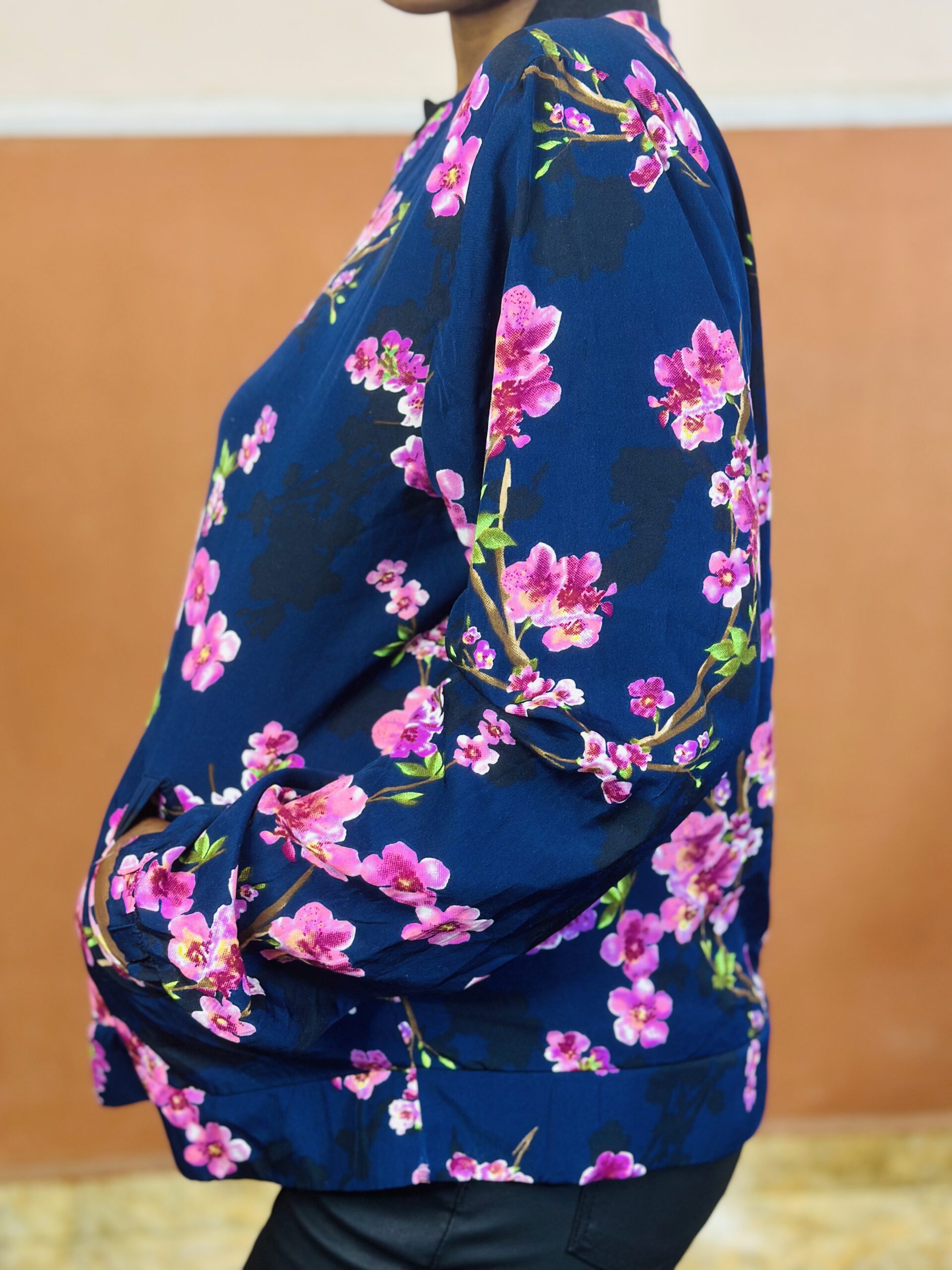 48 Navy Floral Zip Up Bomber Cardigan