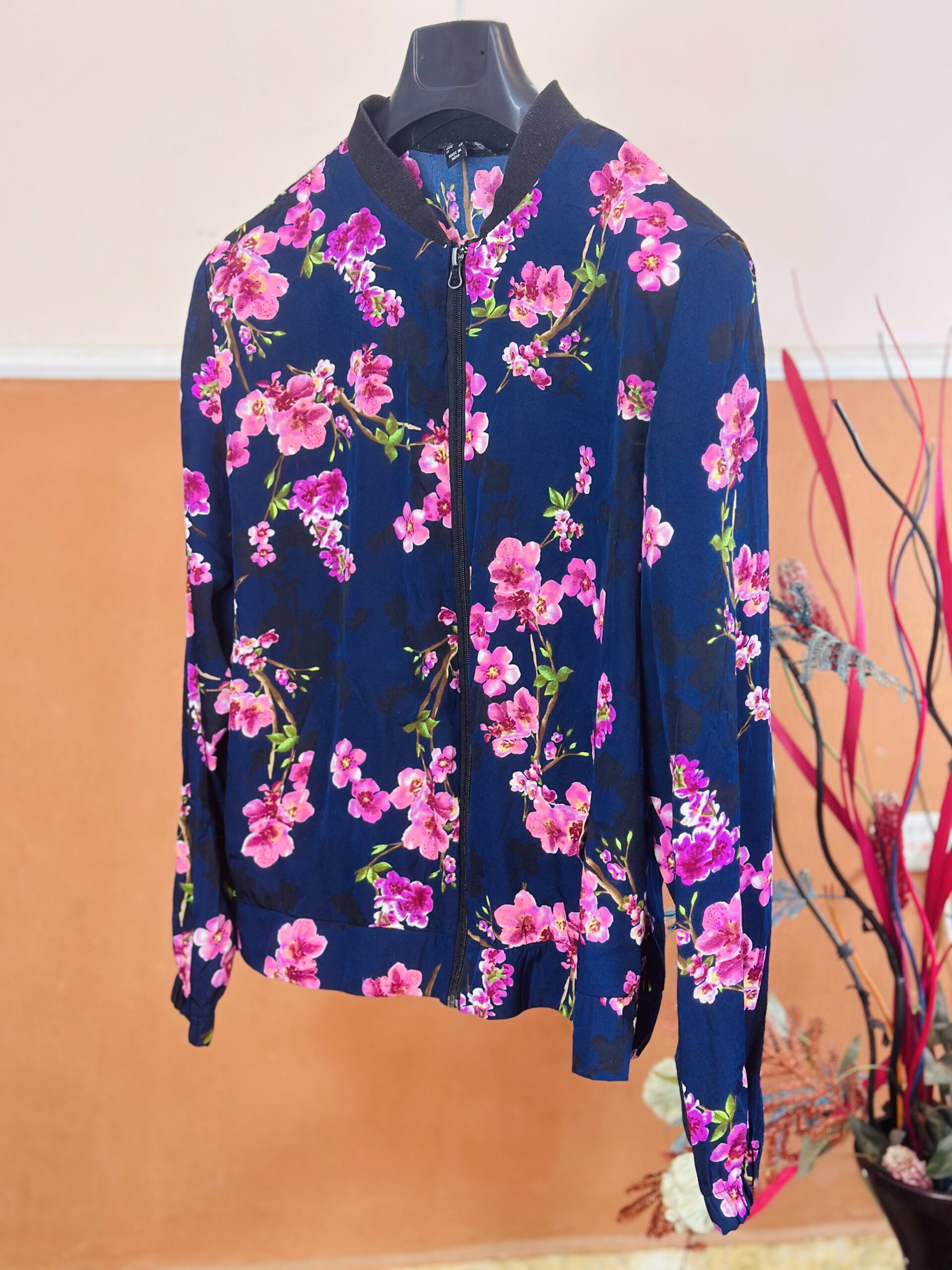 48 Navy Floral Zip Up Bomber Cardigan