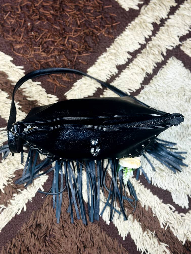 Black Faux Leather Fringe Crossbody Purse with Rivet