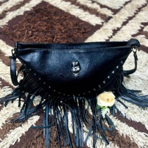 Black Faux Leather Fringe Crossbody Purse with Rivet
