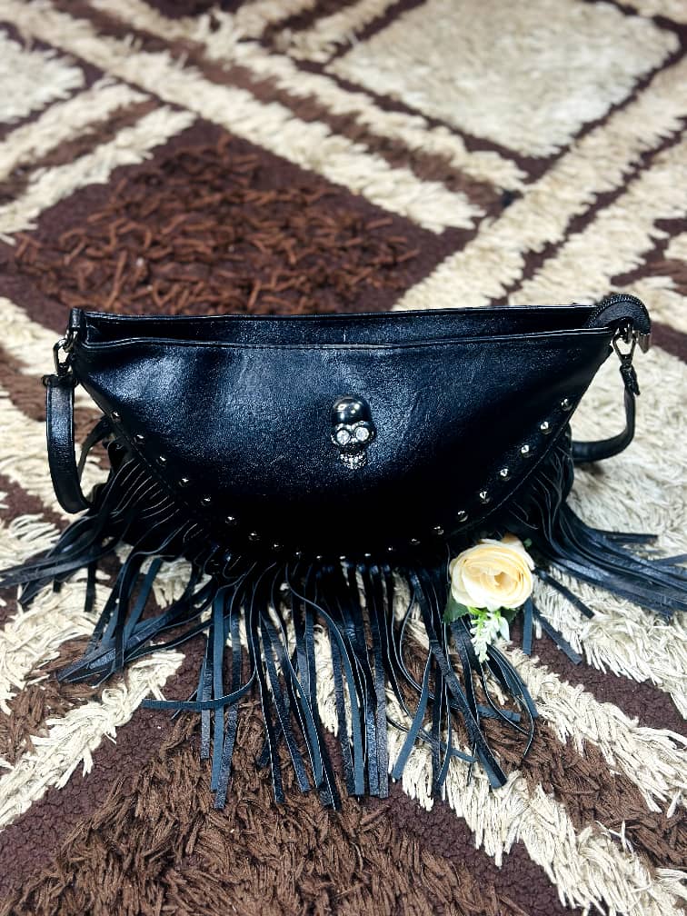 Black Faux Leather Fringe Crossbody Purse with Rivet
