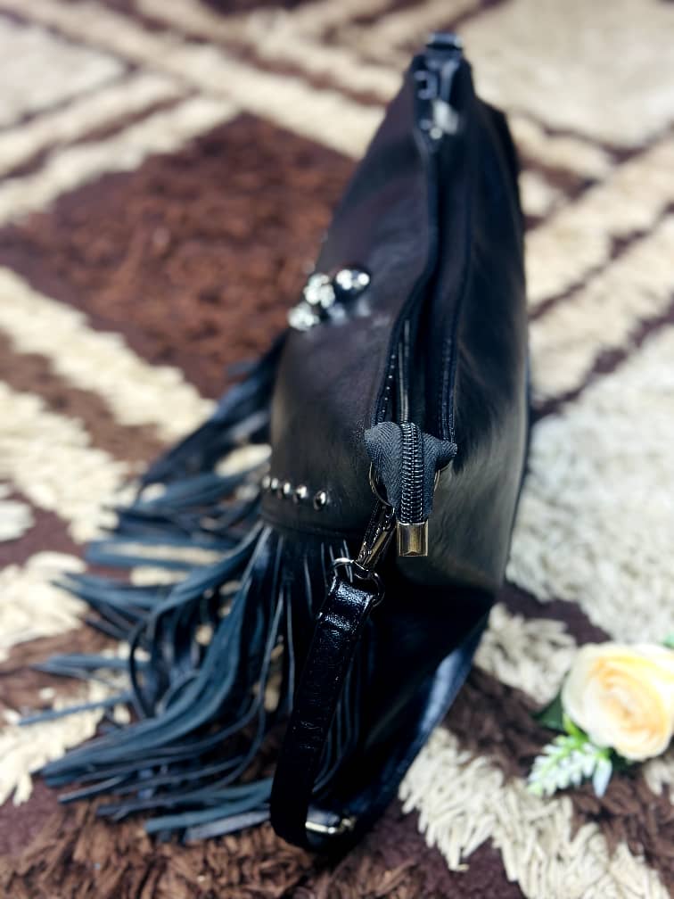 Black Faux Leather Fringe Crossbody Purse with Rivet