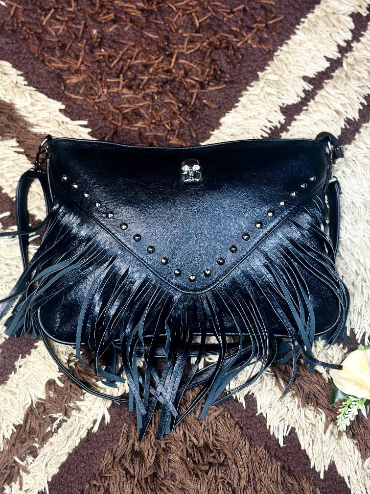 Black Faux Leather Fringe Crossbody Purse with Rivet