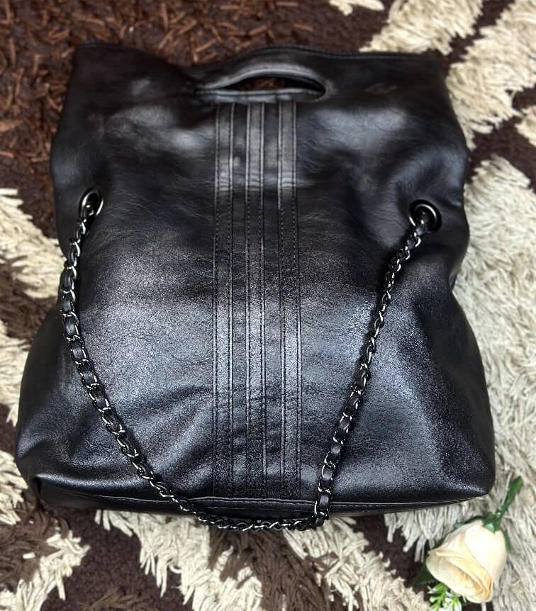 Black Faux Leather Tote Chain Strap Bag