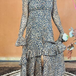 Leopard Print Long Sleeve Dress with Ruffles