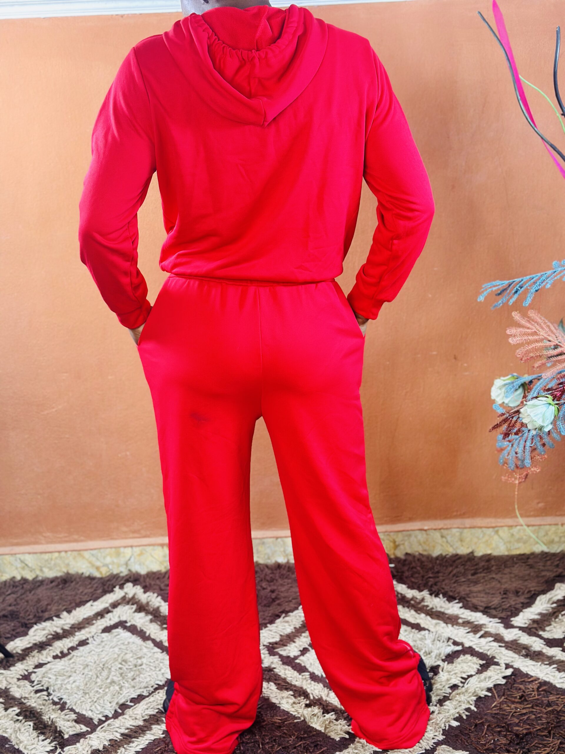 Red Track Suit Plullover Hoodie and Wide Leg Pant