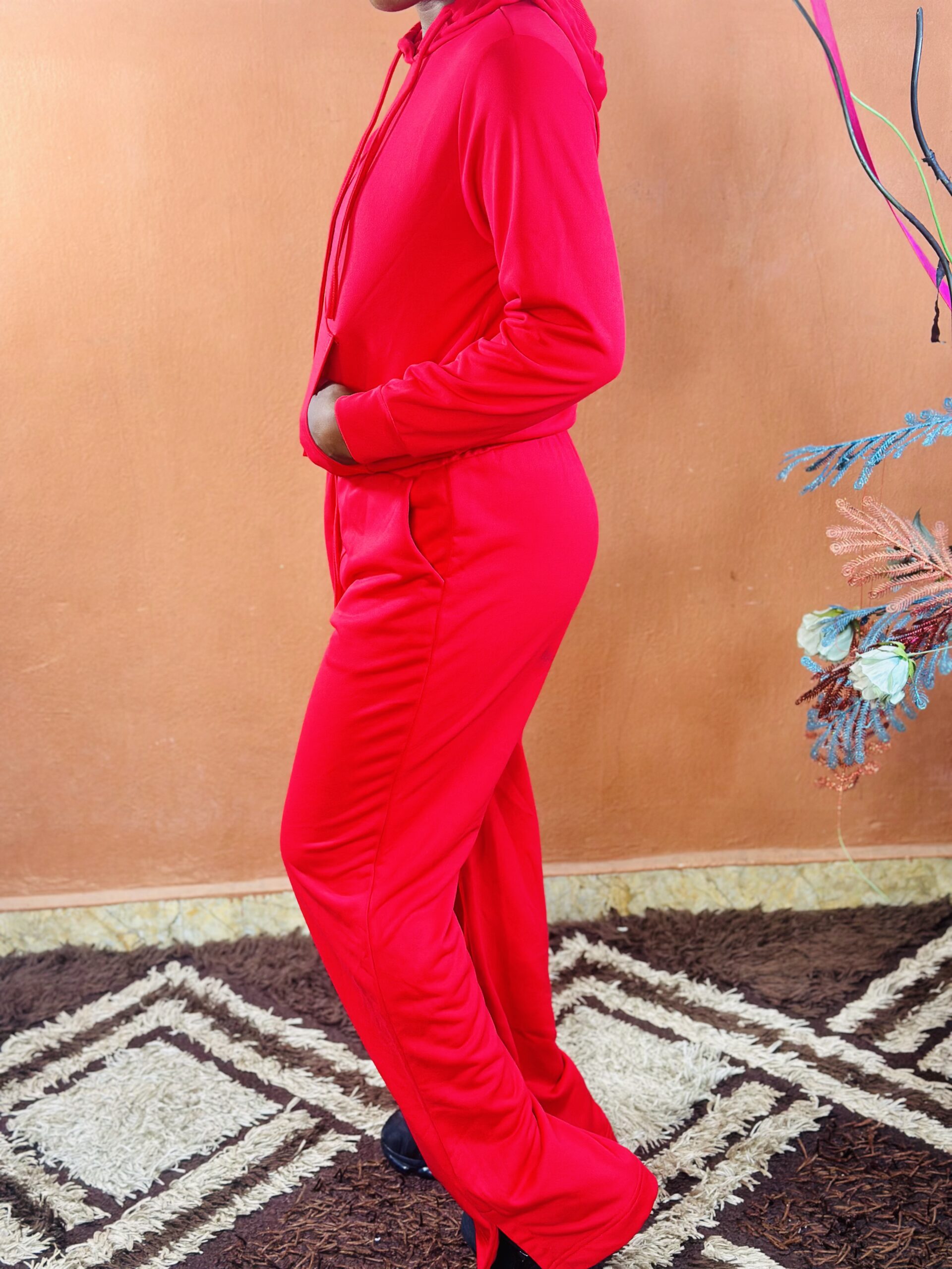 Red Track Suit Plullover Hoodie and Wide Leg Pant