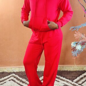 Red Track Suit Plullover Hoodie and Wide Leg Pant