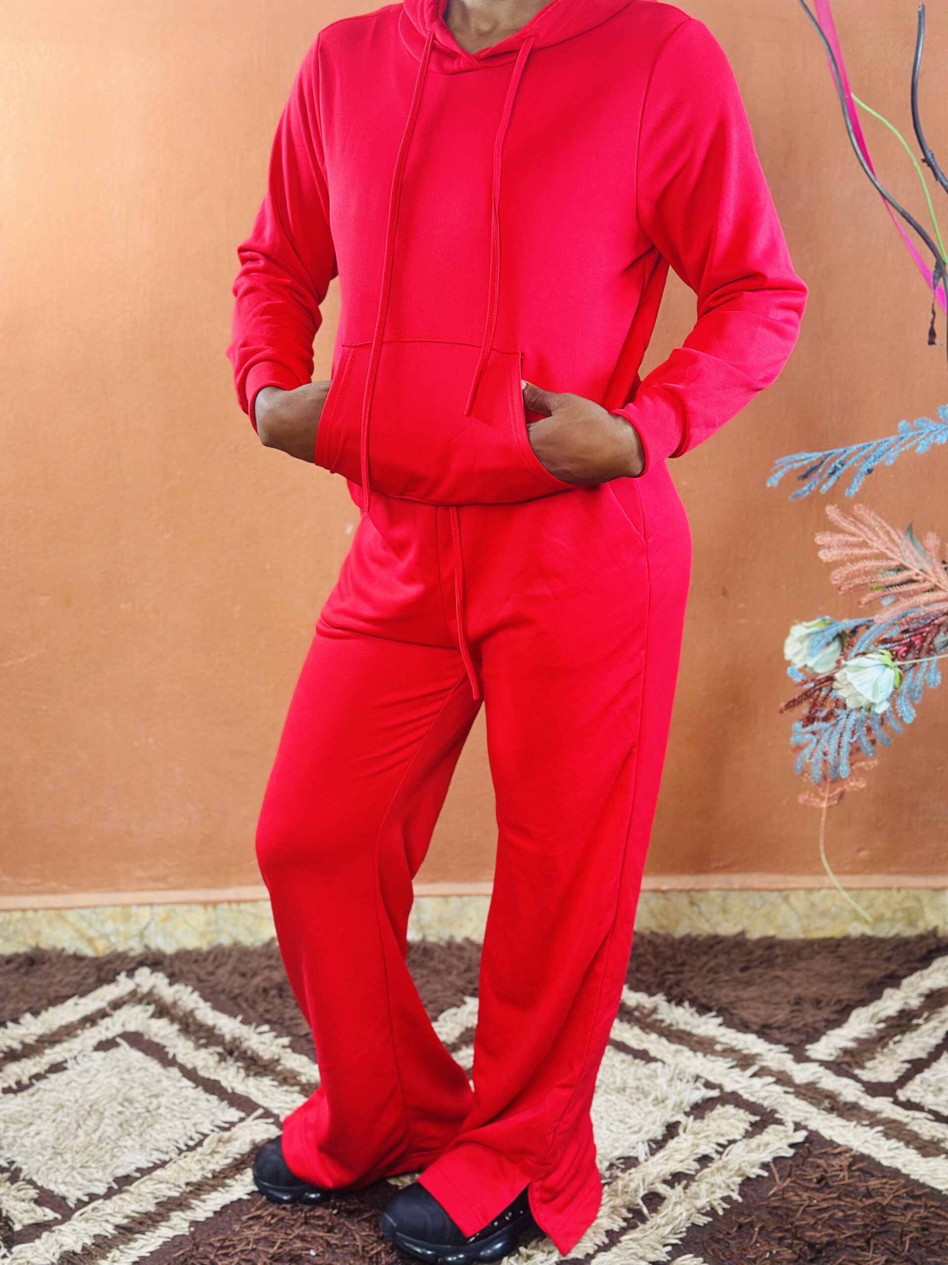 Red Track Suit Plullover Hoodie and Wide Leg Pant