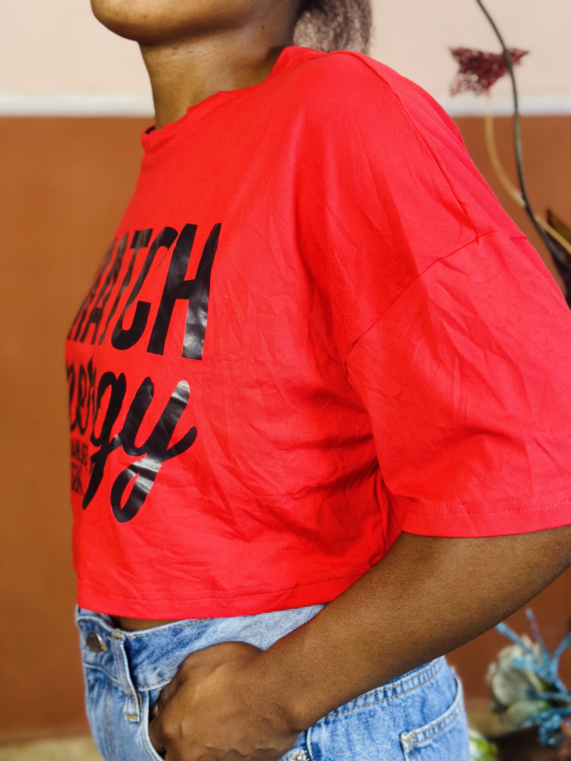 Women Short Sleeve Red Crop Top