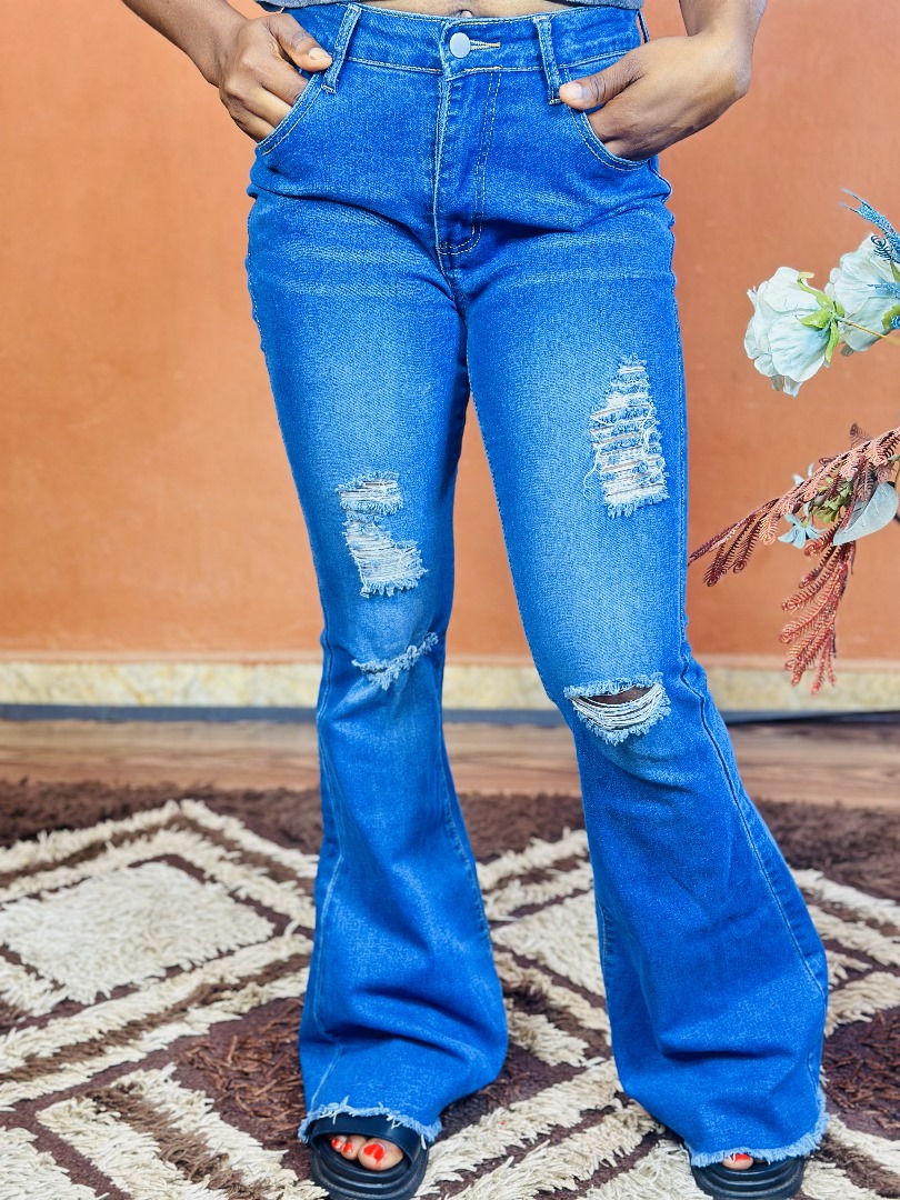 Women high waisted blue denim flare jeans