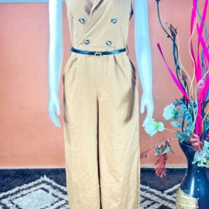 Woven Collar Solid Button Pocket Jumpsuit with Belt