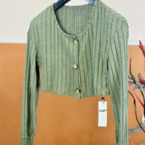Yozy Front Button up Green Ribbed Knit Crop Cardigan