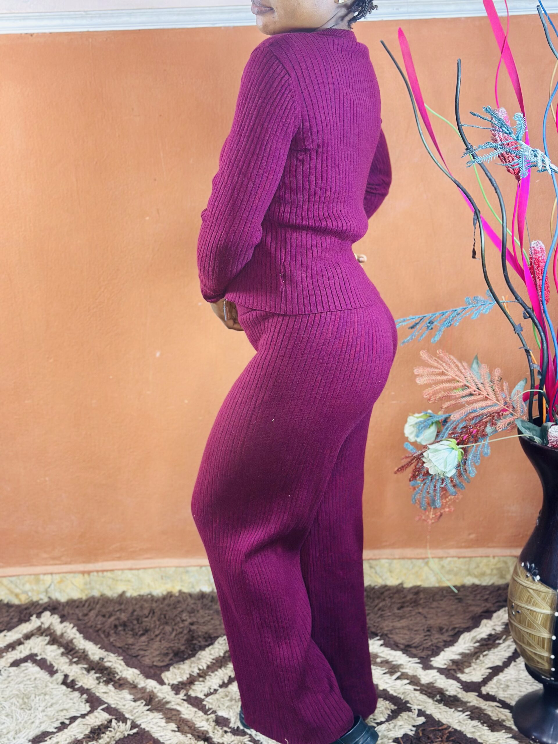 Burgundy Zip-Up Long Sleeve & Long Wide Pant