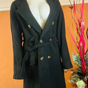 Black double breasted woolblend coat with a belt