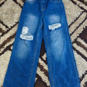 Womens distressed blue wide leg denim jeans