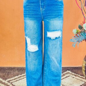 Womens distressed blue wide leg denim jeans