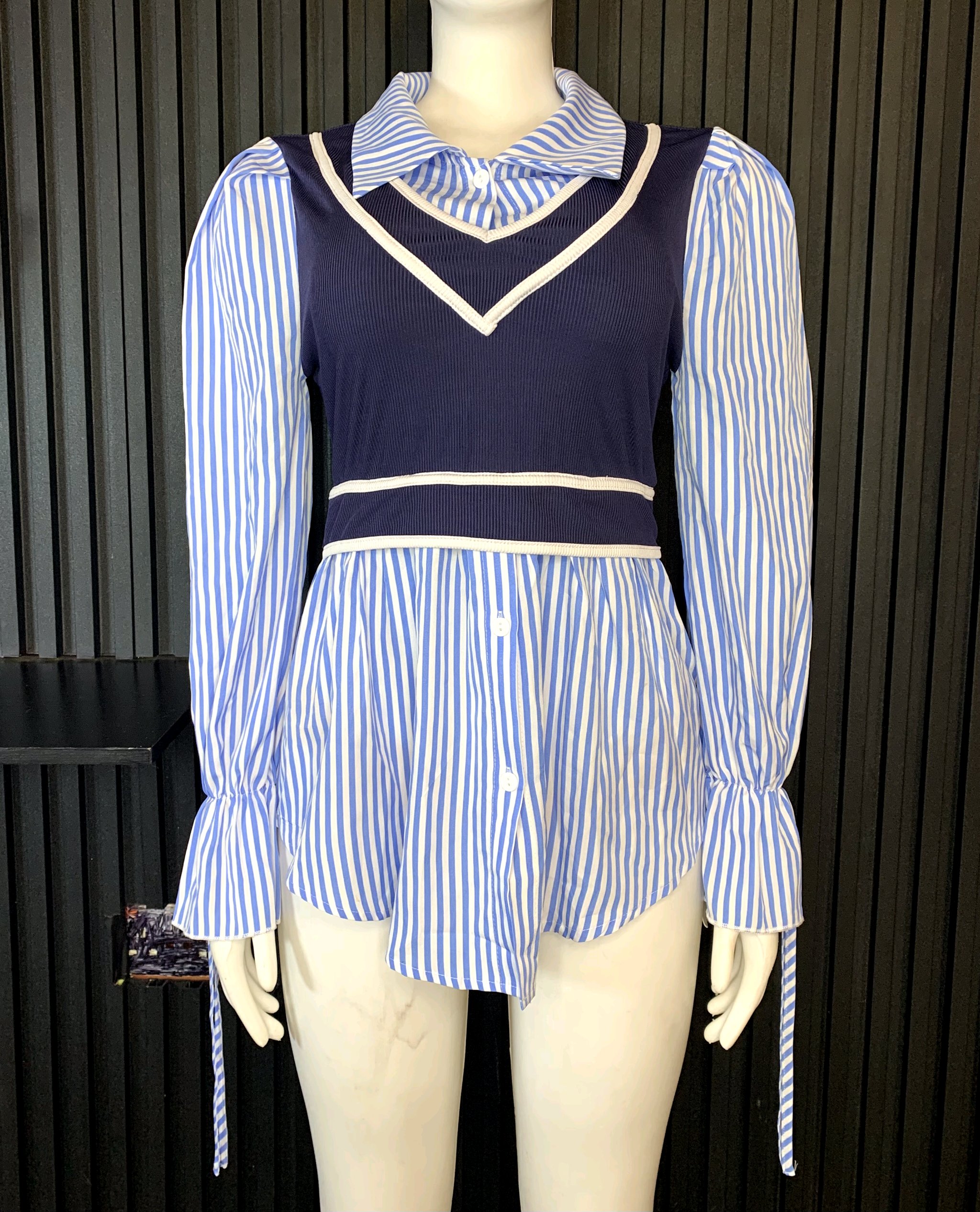 Elegant Layered Stripe Blouse – Premium Women's 2-in-1 Knit Vest Shirt 2 Elegant Layered Stripe Blouse – Premium Women's 2-in-1 Knit Vest Shirt - Image 2