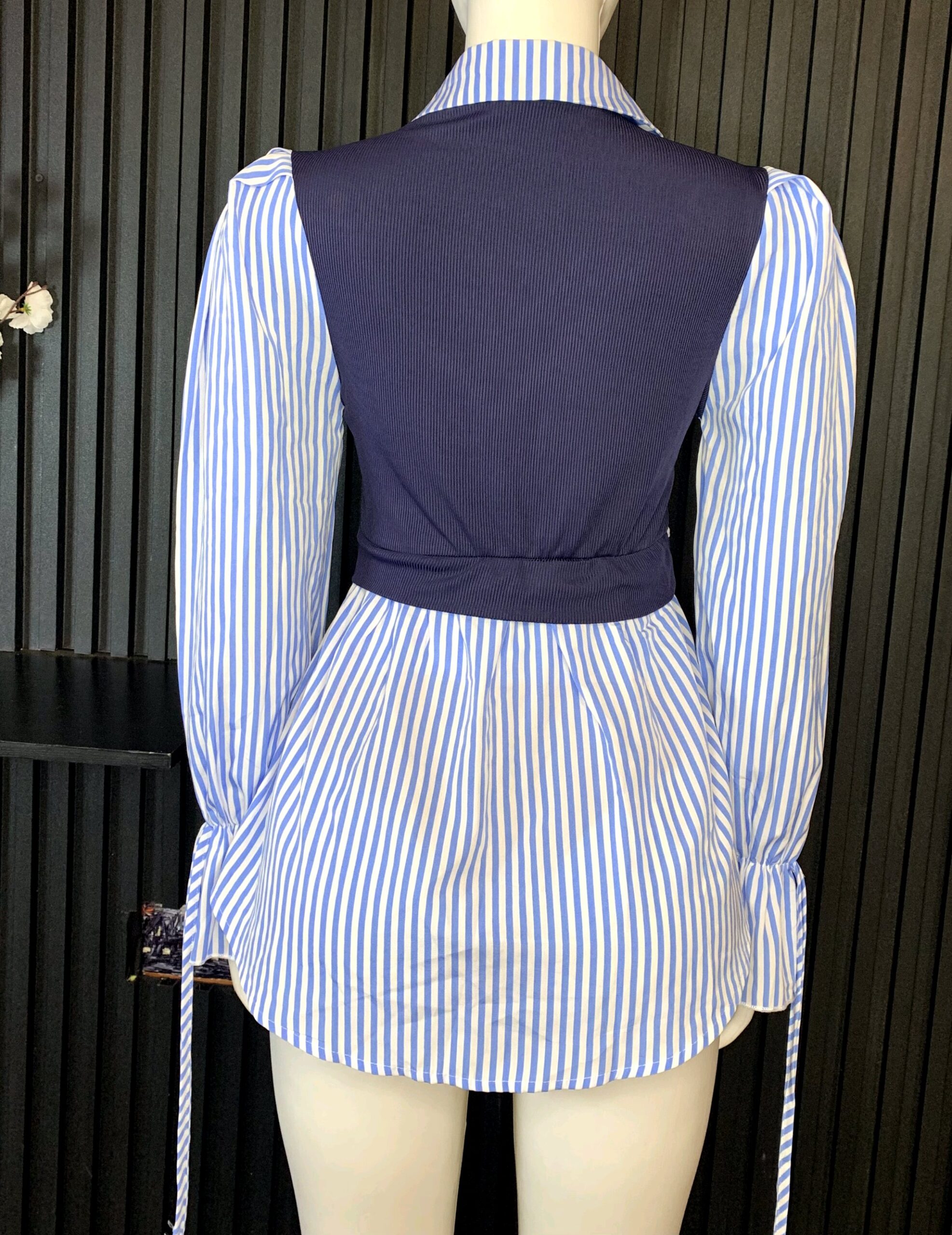Elegant Layered Stripe Blouse – Premium Women's 2-in-1 Knit Vest Shirt 3 Elegant Layered Stripe Blouse – Premium Women's 2-in-1 Knit Vest Shirt - Image 3