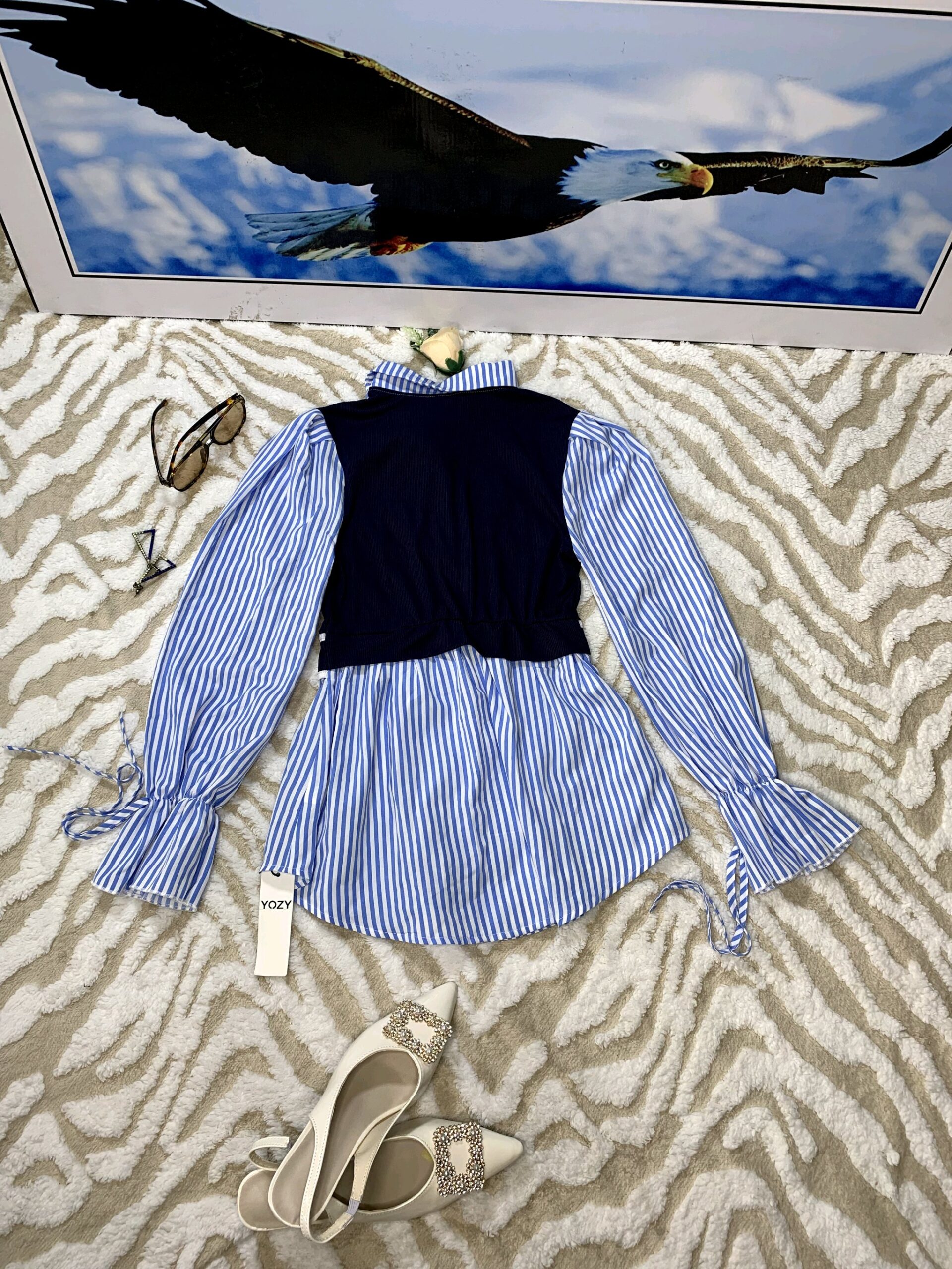 Elegant Layered Stripe Blouse – Premium Women's 2-in-1 Knit Vest Shirt 4 Elegant Layered Stripe Blouse – Premium Women's 2-in-1 Knit Vest Shirt - Image 4