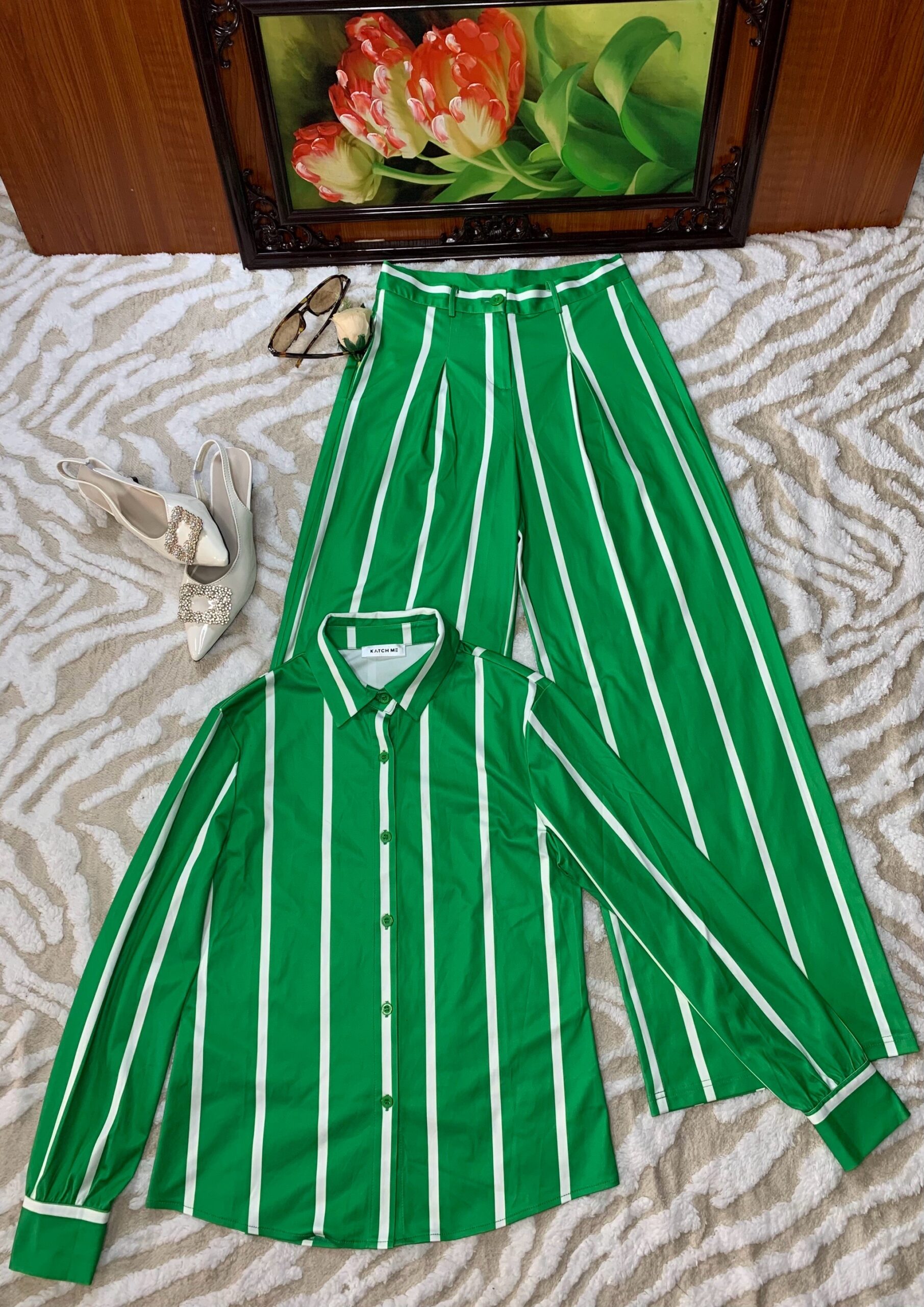 Luxury Green Stripe Two-Piece Set – Premium Women's Coordinated Fashion Outfit 4 Luxury Green Stripe Two-Piece Set – Premium Women's Coordinated Fashion Outfit - Image 4