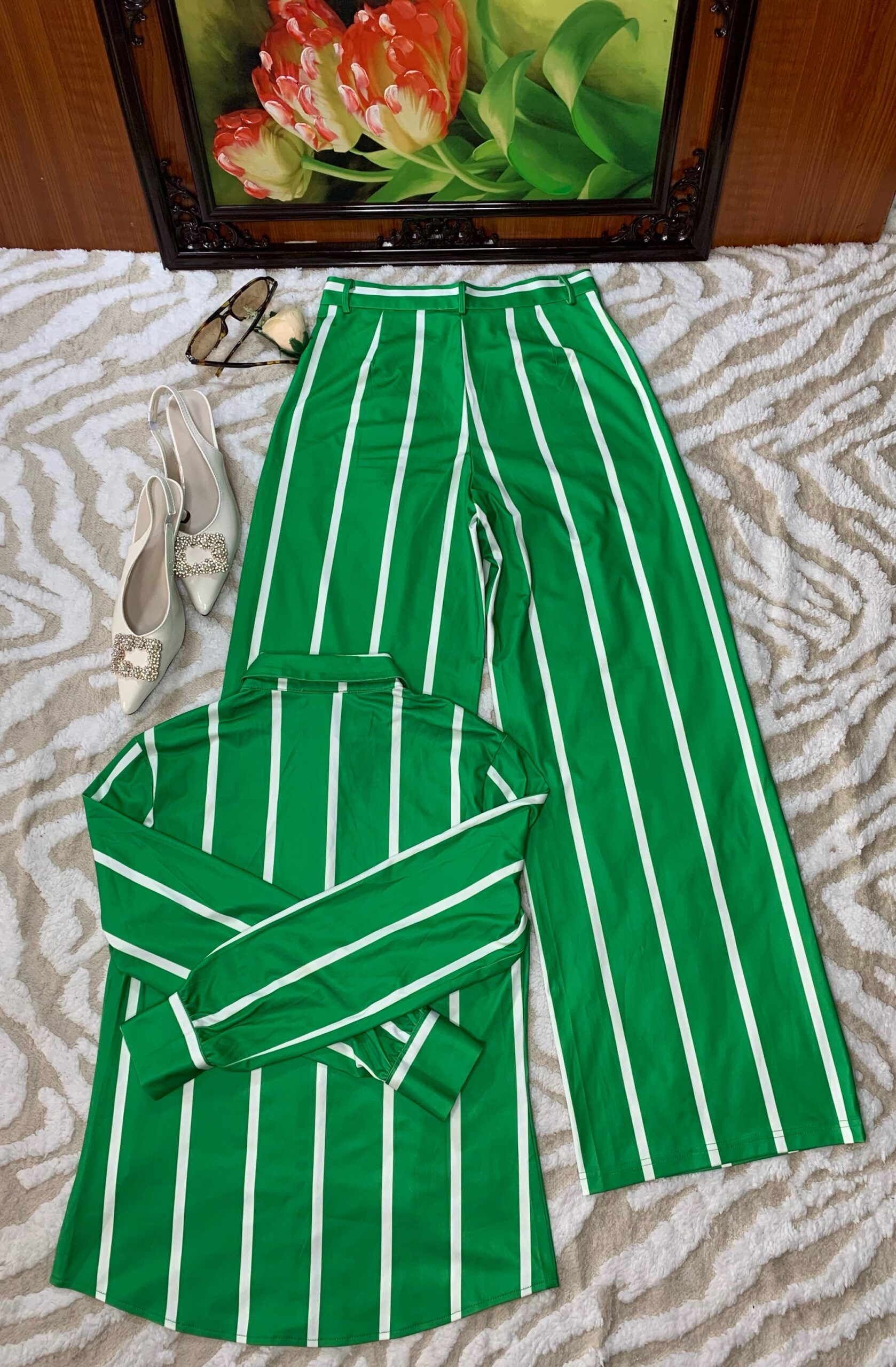 Luxury Green Stripe Two-Piece Set – Premium Women's Coordinated Fashion Outfit 5 Luxury Green Stripe Two-Piece Set – Premium Women's Coordinated Fashion Outfit - Image 5