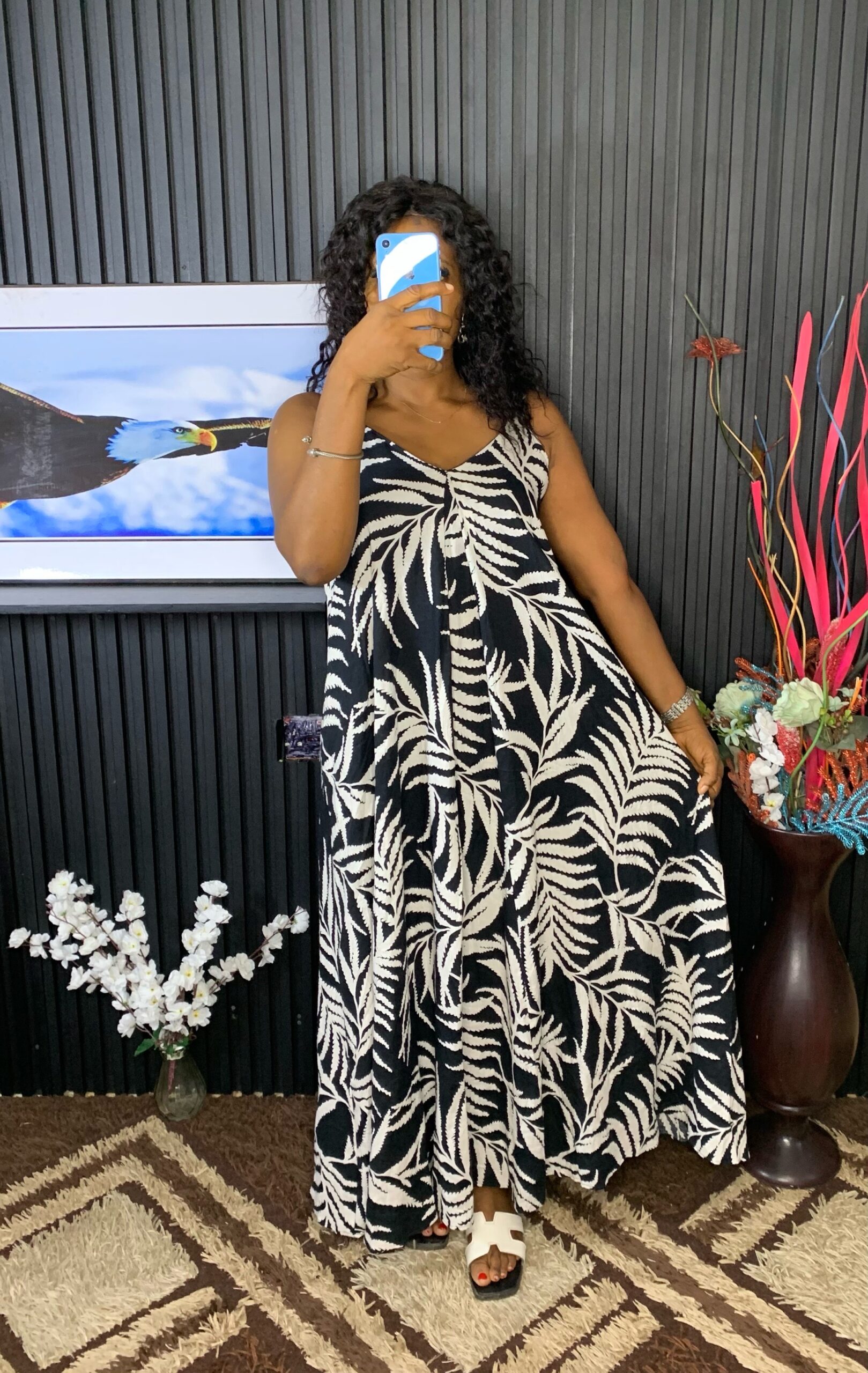 Luxury Tropical Print Maxi Sundress – Premium Women's Black & White Summer Gown 1 Luxury Tropical Print Maxi Sundress – Premium Women's Black & White Summer Gown