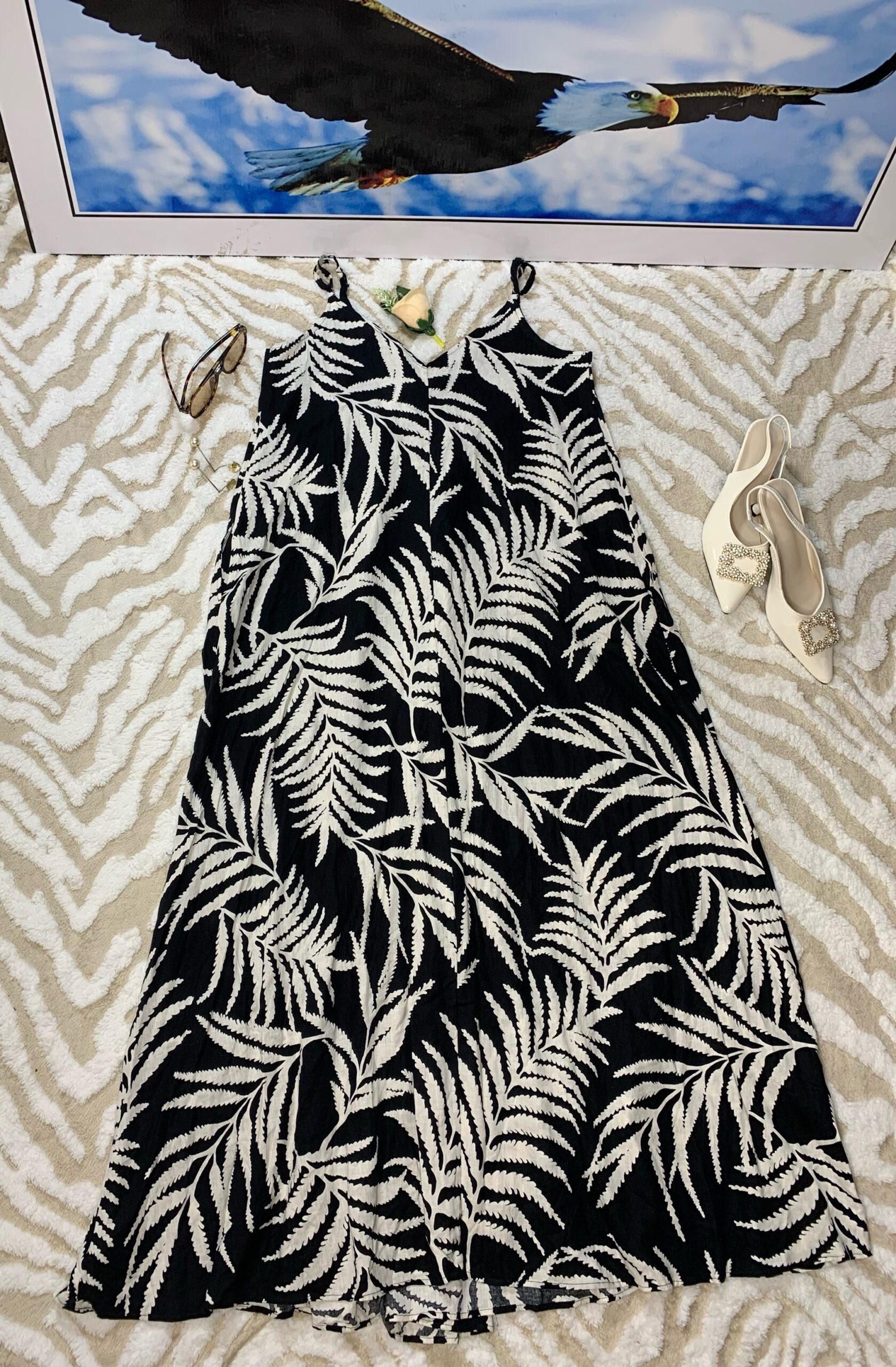 Luxury Tropical Print Maxi Sundress – Premium Women's Black & White Summer Gown 2 Luxury Tropical Print Maxi Sundress – Premium Women's Black & White Summer Gown - Image 2