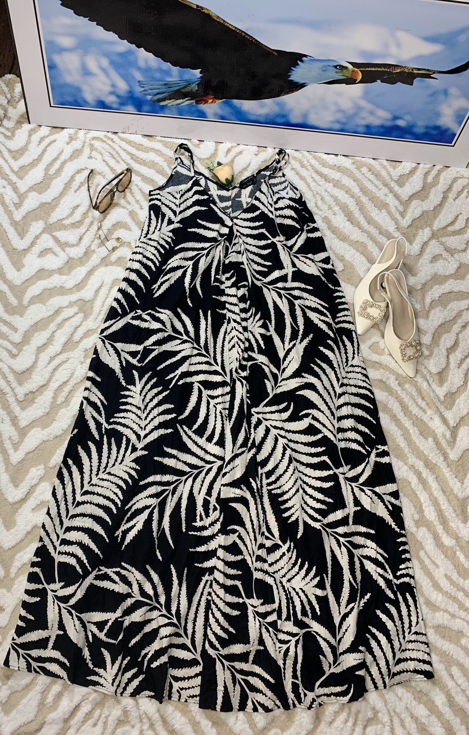 Luxury Tropical Print Maxi Sundress – Premium Women's Black & White Summer Gown 3 Luxury Tropical Print Maxi Sundress – Premium Women's Black & White Summer Gown - Image 3