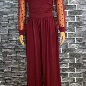 Rich Wine Mesh Sleeve Jumpsuit