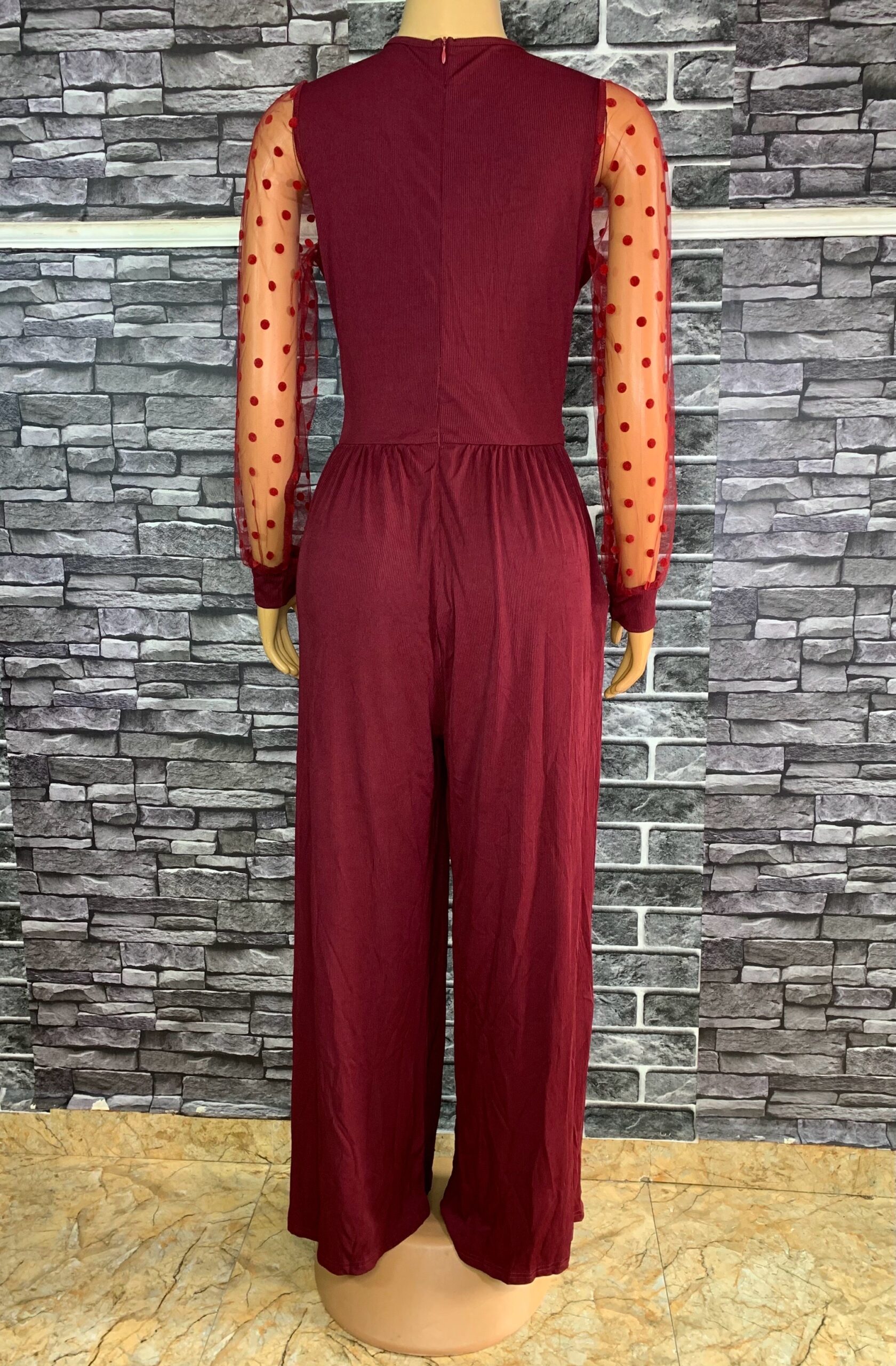 Rich Wine Mesh Sleeve Jumpsuit 2 Rich Wine Mesh Sleeve Jumpsuit - Image 2