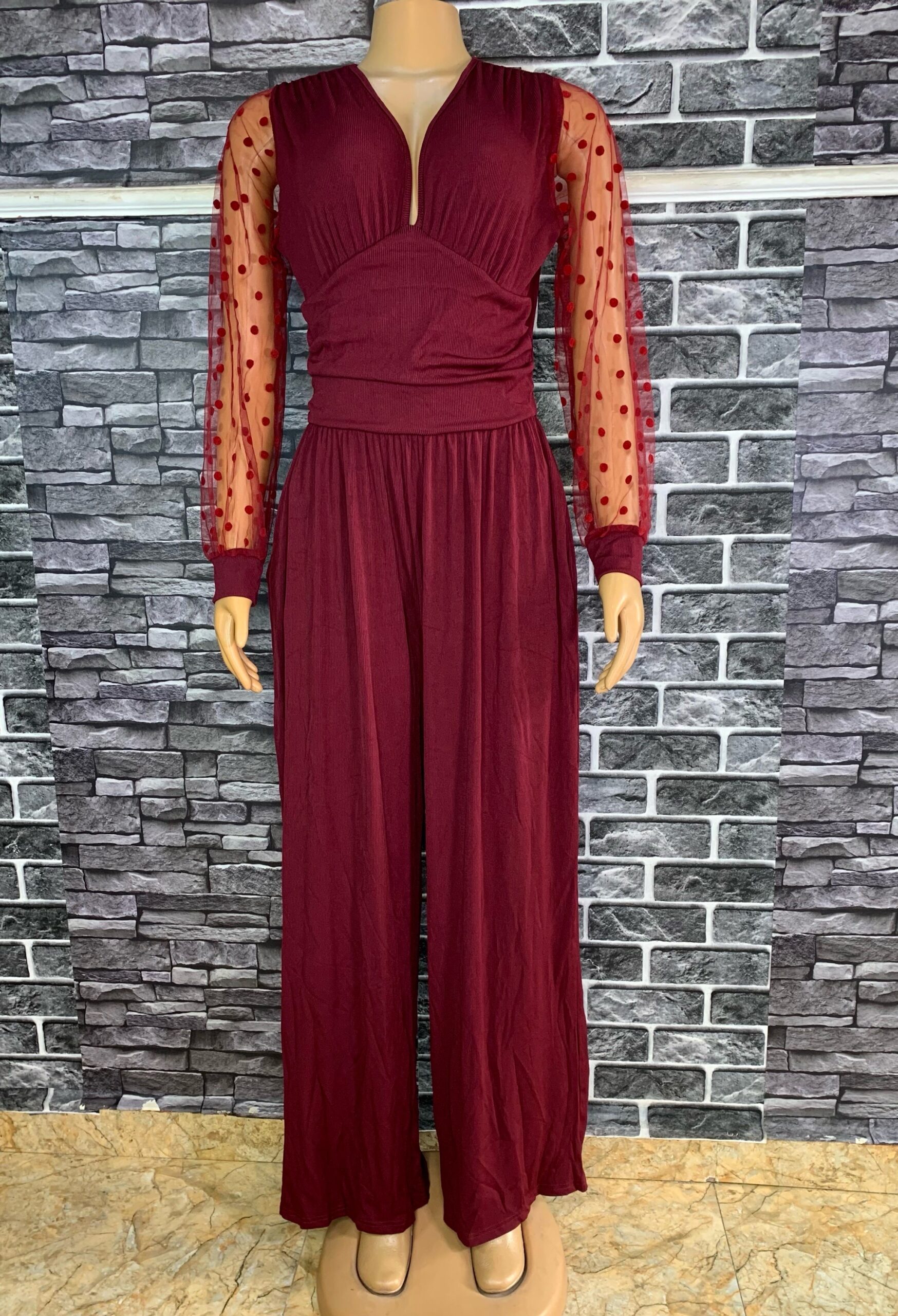 Rich Wine Mesh Sleeve Jumpsuit 3 Rich Wine Mesh Sleeve Jumpsuit - Image 3