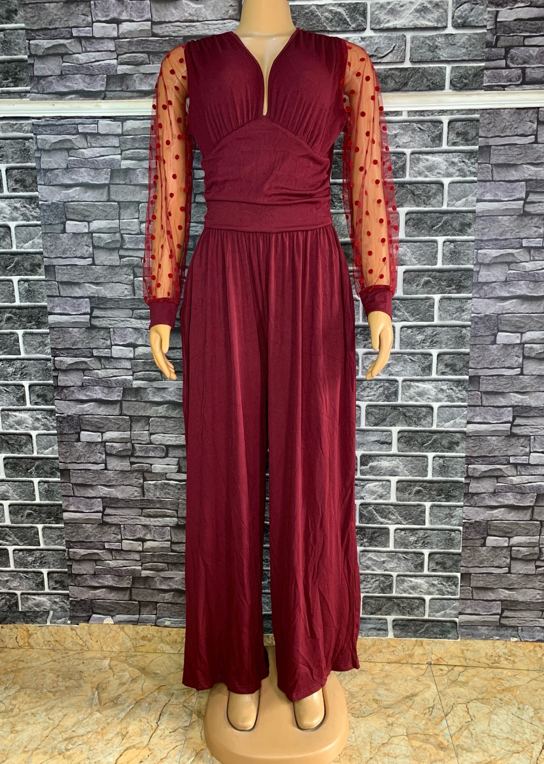 Rich Wine Mesh Sleeve Jumpsuit 4 Rich Wine Mesh Sleeve Jumpsuit - Image 4