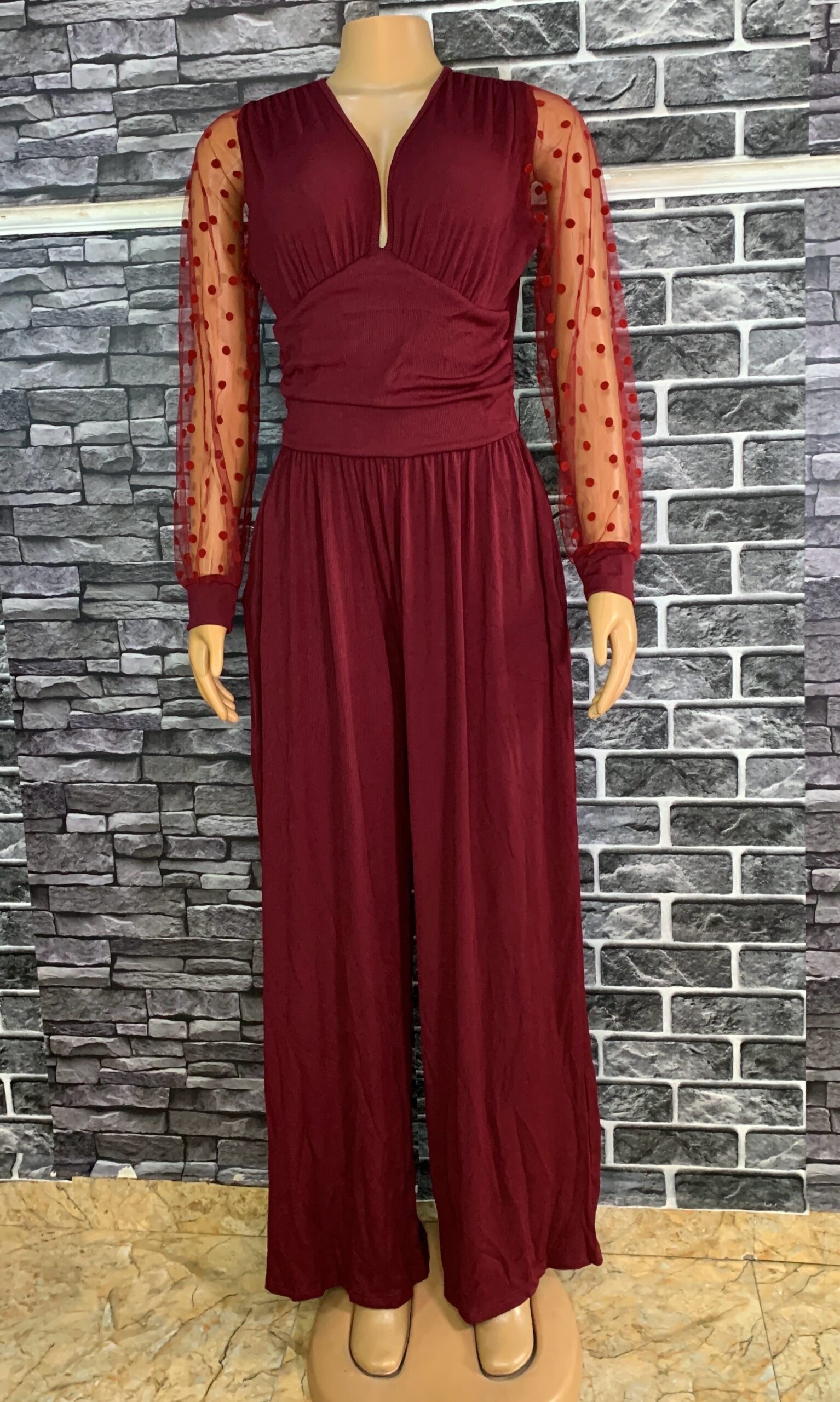 Rich Wine Mesh Sleeve Jumpsuit 5 Rich Wine Mesh Sleeve Jumpsuit - Image 5