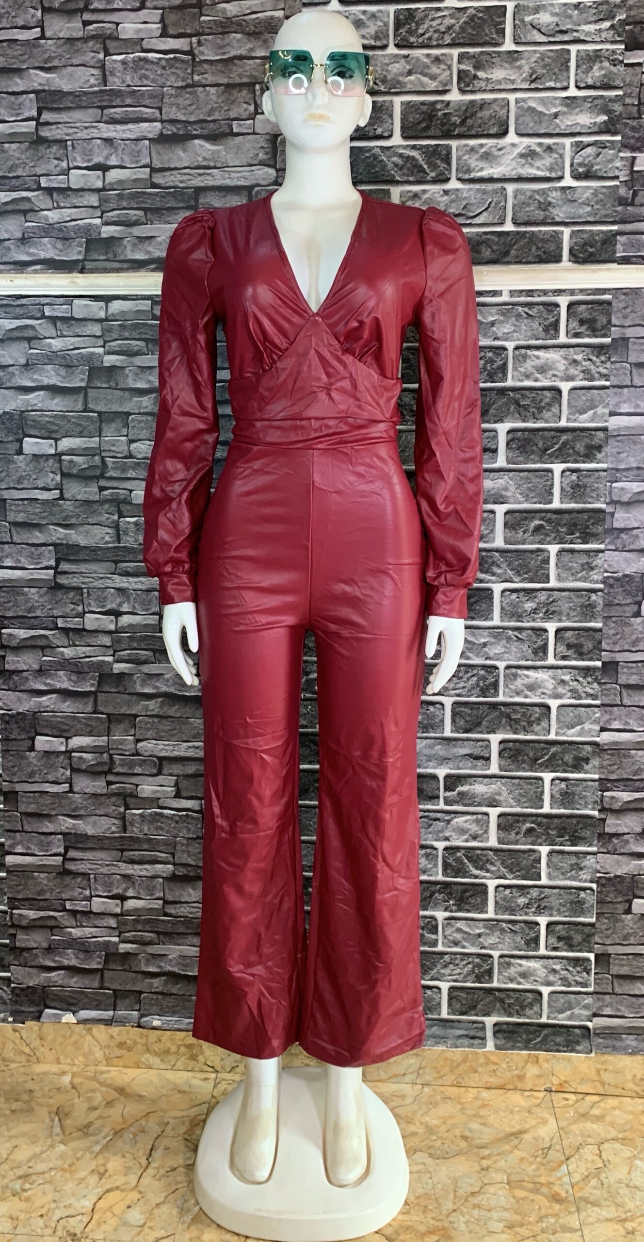 Wine Red Leather Jumpsuit 2 Wine Red Leather Jumpsuit - Image 2