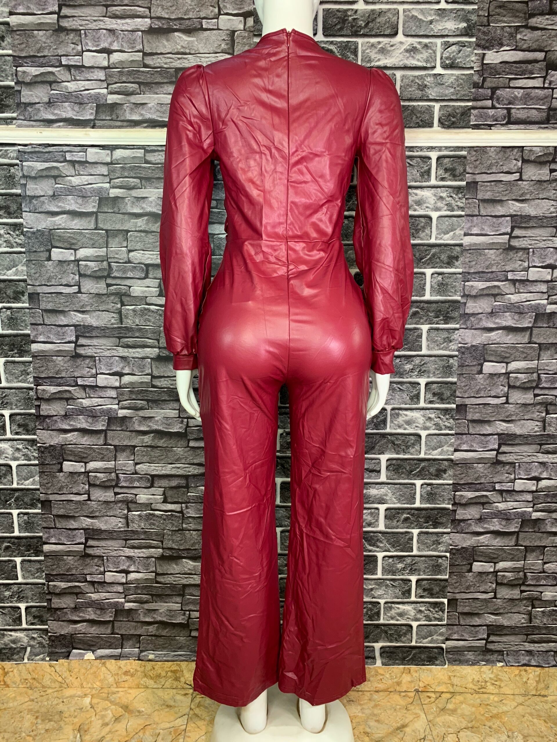 Wine Red Leather Jumpsuit 4 Wine Red Leather Jumpsuit - Image 4