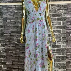 Floral Sleeve Maxi Slit Dress