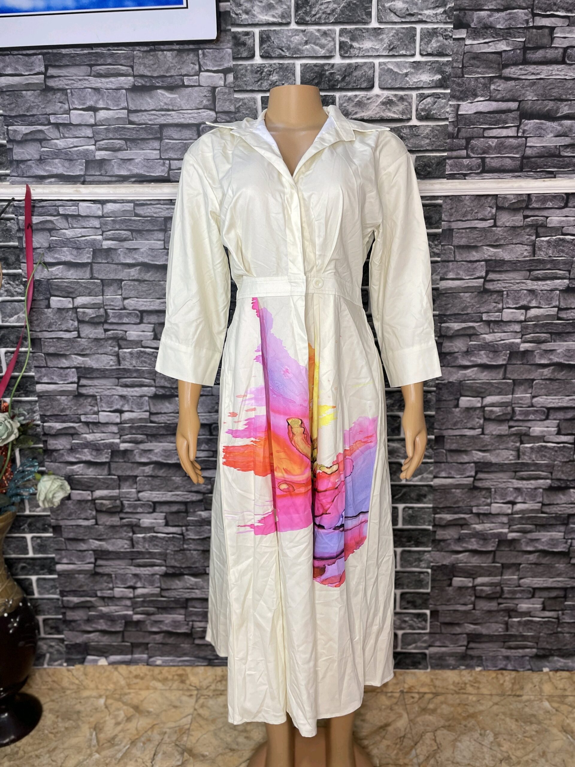 Cream Printed Shirt Dress 2 Cream Printed Shirt Dress - Image 2