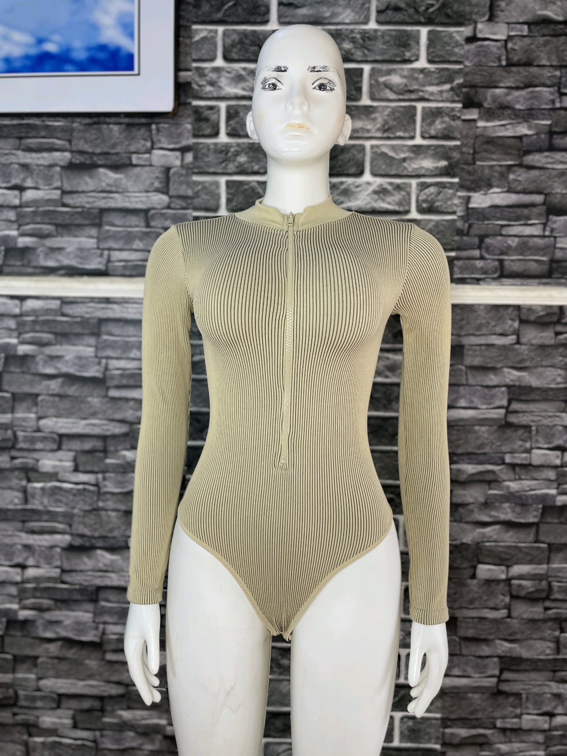Beige Khaki Ribbed Bodysuit 1 Beige Khaki Ribbed Bodysuit