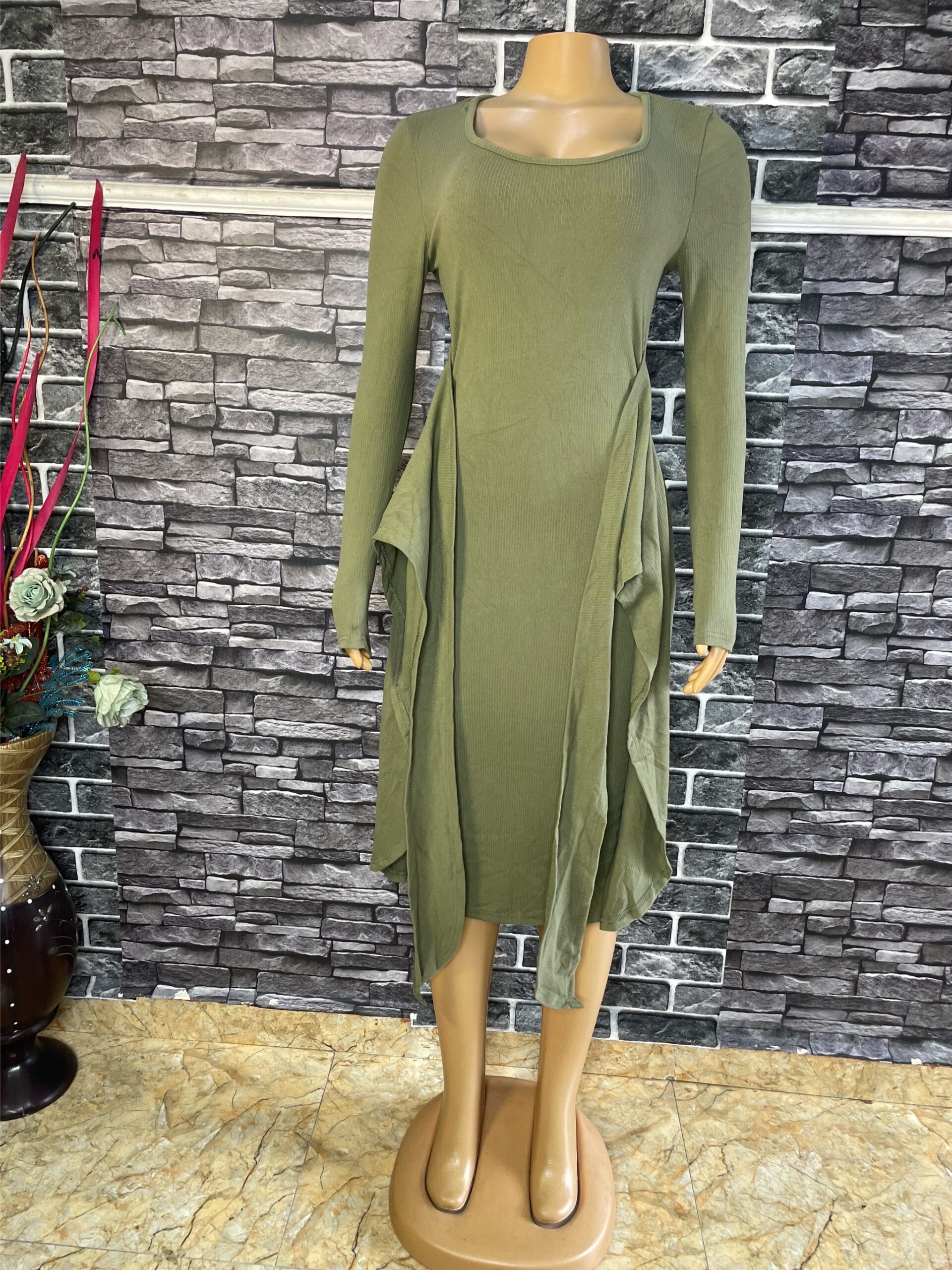 Stylish Green Ribbed Midi Dress 5 Stylish Green Ribbed Midi Dress - Image 5