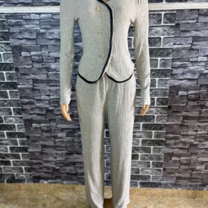 Home 12 Elegant Beige Ribbed Two Piece Suit