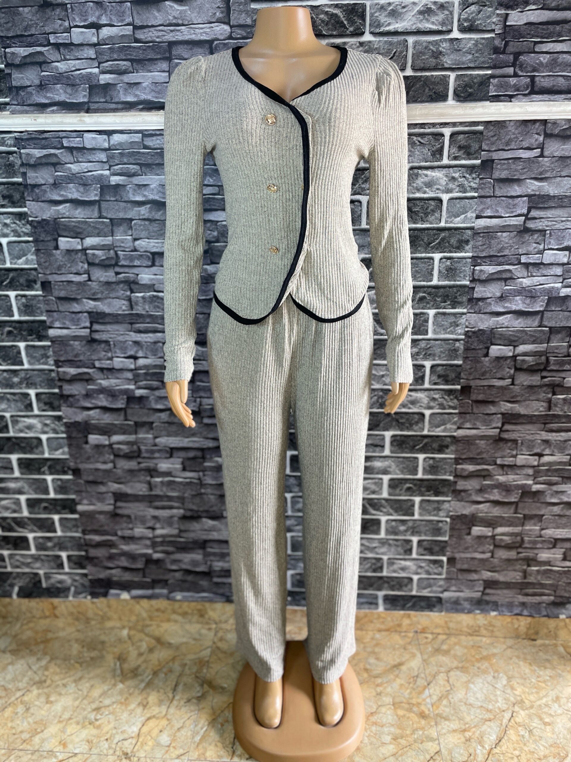 Elegant Beige Ribbed Two Piece Suit 1 Elegant Beige Ribbed Two Piece Suit