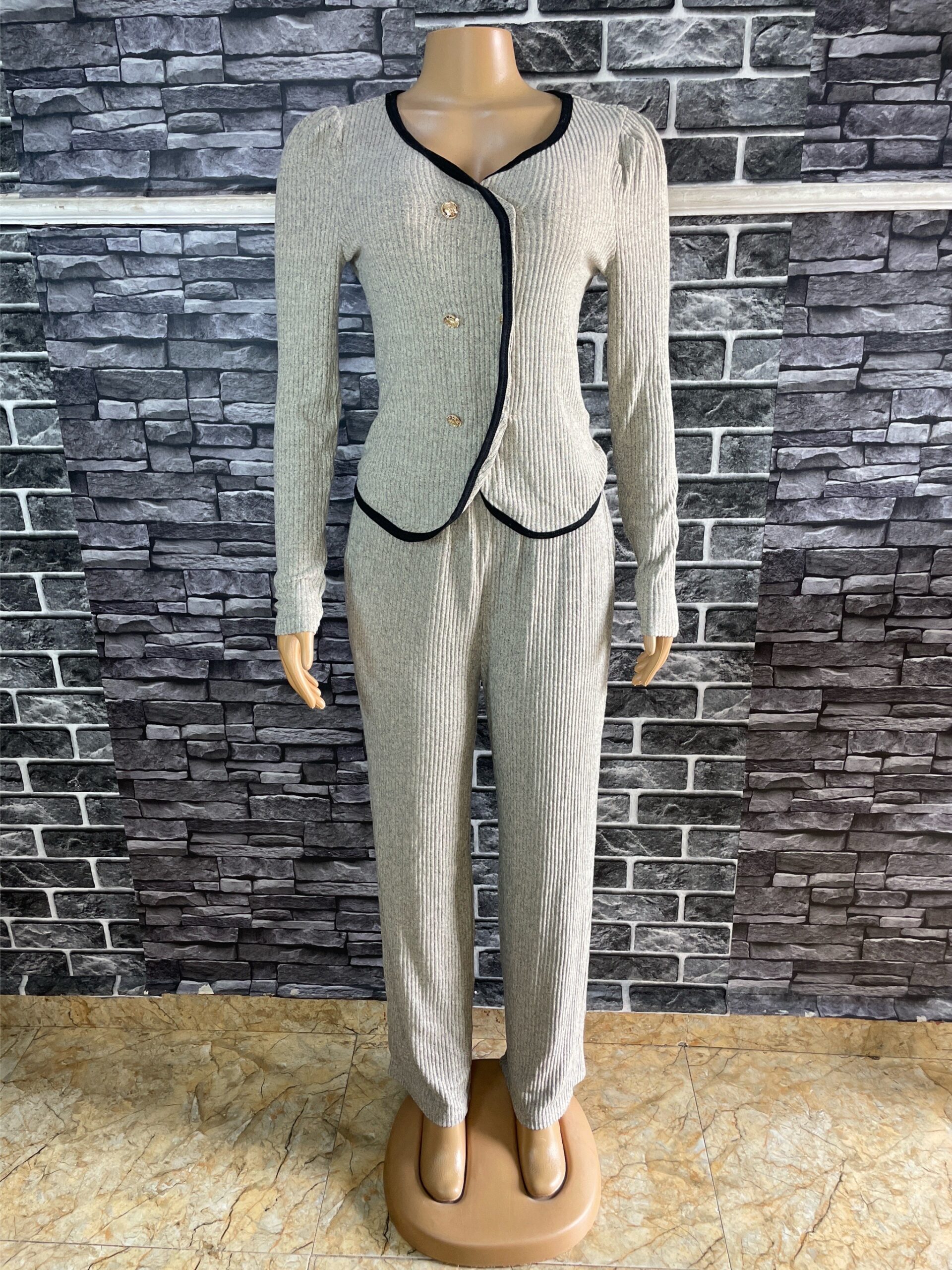 Elegant Beige Ribbed Two Piece Suit 2 Elegant Beige Ribbed Two Piece Suit - Image 2