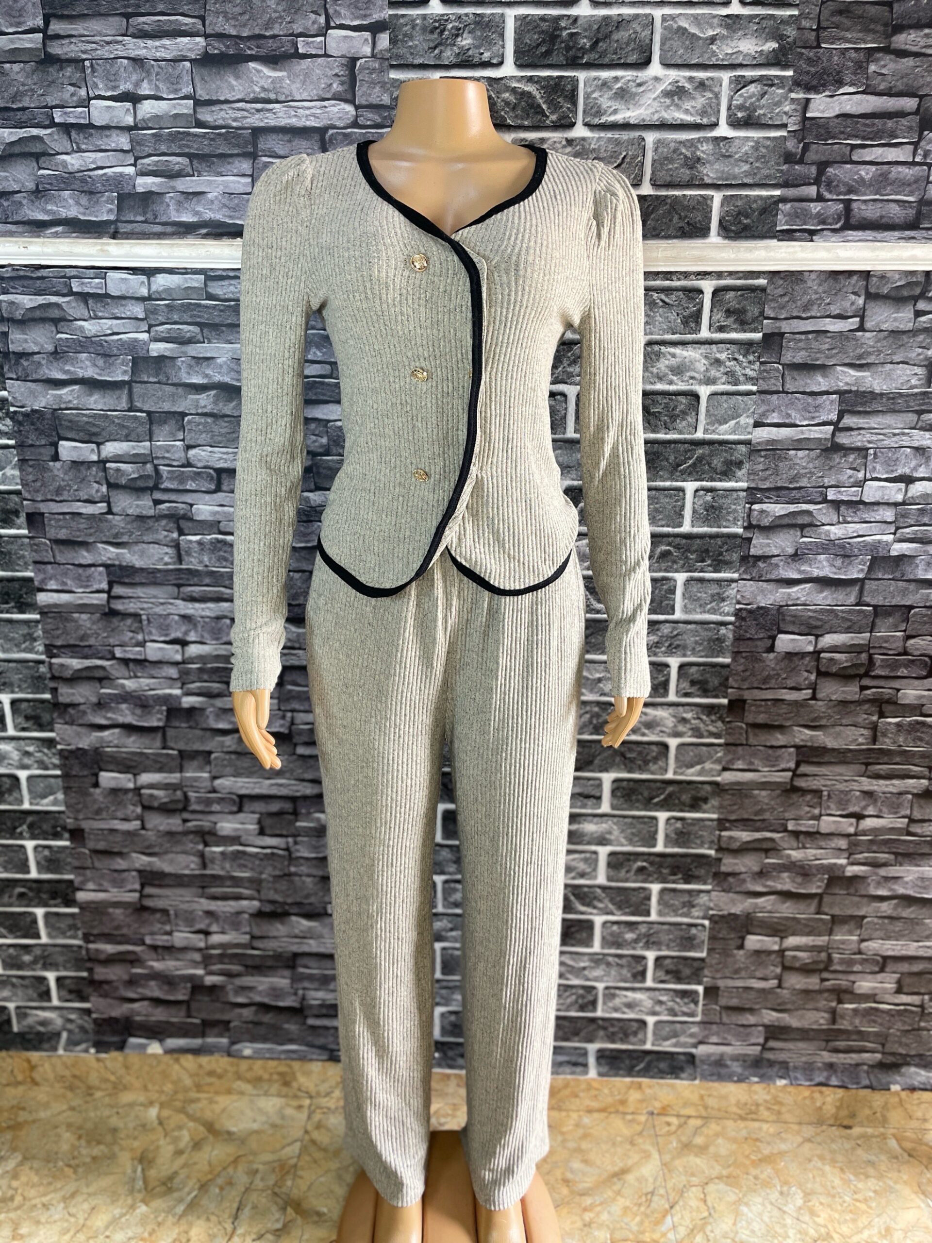 Elegant Beige Ribbed Two Piece Suit 4 Elegant Beige Ribbed Two Piece Suit - Image 4