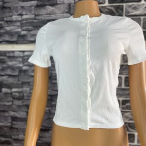 Stylish White And Black Ribbed Button Down Top
