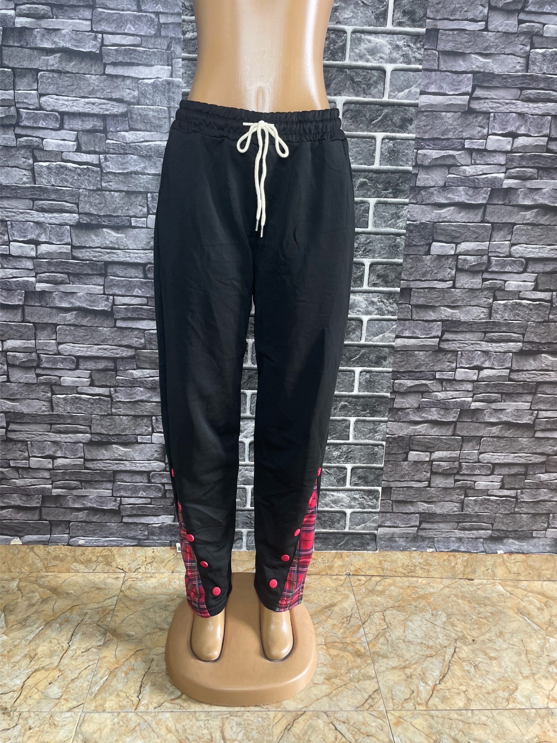 Stylish Black And White Plaid Trim Joggers 2 Stylish Black And White Plaid Trim Joggers - Image 2